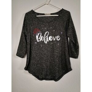 ALL IN LOVE Christmas Believe Rhinestone 3/4 Sleeve Women's Top‎ Petite S